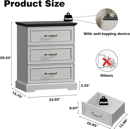 Farmhouse 3 Drawers Dresser for Bedroom, 24" Wide Modern Chest of Drawers with Deep Drawers & Bar Handles, Rustic Wood Nightstand, Wooden Closet Storage Organizer for Living Room, Hallway, White