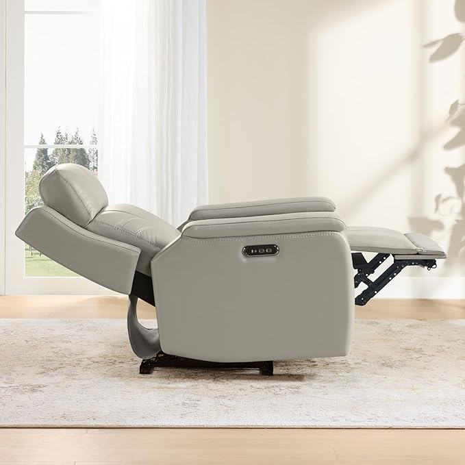 Watson & Whitely Genuine Leather Electric Recliner Chairs for Adults, Lay Flat Recliner with Power Headrest & Chargers for Living Room, Light Grey