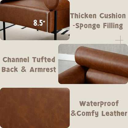 Modern Accent Chairs Set of 2, Single Sofa Accent Chairs for Living Room, Oversized Upholstered Leather Mid-Century Office Reading Armchairs with Channel Tufted for Bedroom, Brown