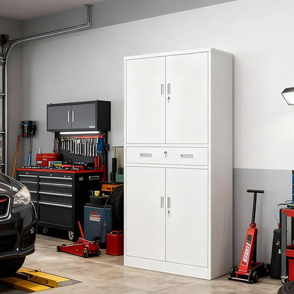 BESFUR Metal Cabinet, Garage Storage Cabinet with Drawer and Adjustable Shelves for Garage, Office, School - White