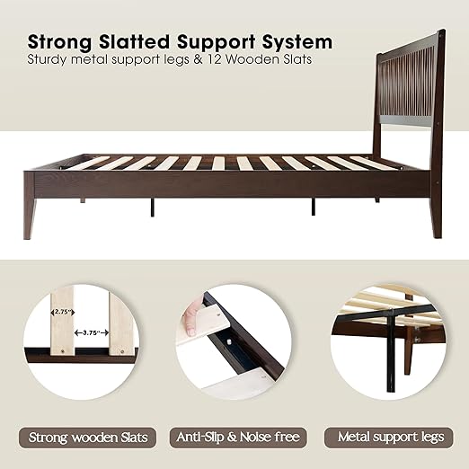 Queen Size Bed Frame with Headboard & Footboard, Solid Wood Platform Bed, Central Metal Legs, 12 Sturdy Slats, Under Bed Storage, Easy Assembly, Noise-Free & Anti-Slip, Dark Roast Oak Finish, OLQ-32