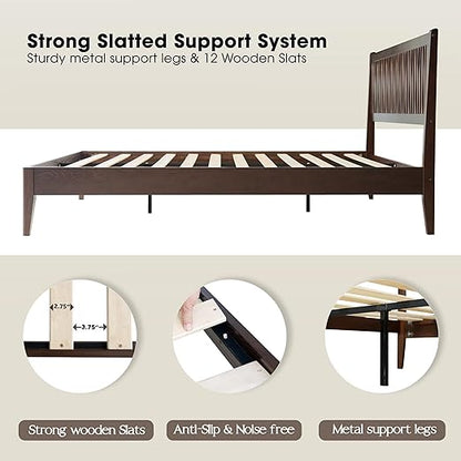 Queen Size Bed Frame with Headboard & Footboard, Solid Wood Platform Bed, Central Metal Legs, 12 Sturdy Slats, Under Bed Storage, Easy Assembly, Noise-Free & Anti-Slip, Dark Roast Oak Finish, OLQ-32