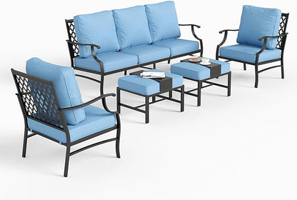 5 Piece Metal Outdoor Patio Furniture Set, Patio Conversation Sets 1 3-seater Sofa, 2 Fixed Chair, 2 Ottomans with 5.75" Thick Cushion, Black All-weather Frame Backyard Furniture, Blue