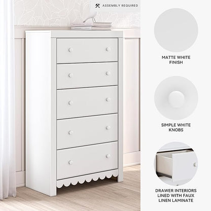 Signature Design by Ashley Mollviney Coastal 5-Drawer Chest of Drawers with Safety Stop and Scalloped Detailing, White