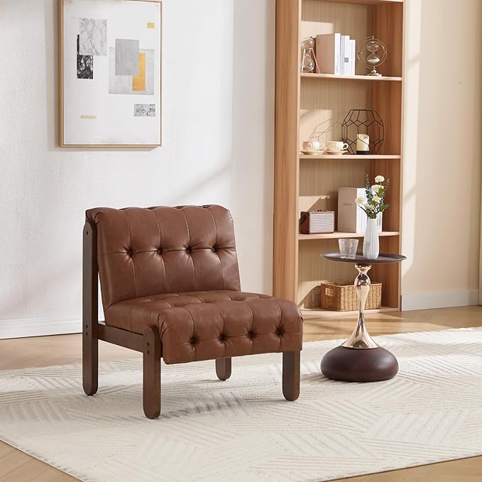 HEAH-YO Accent Chair Set of 2,Modern Vintage Living Room Chair for Bedroom with Button Tufted Back and Wood Legs,Upholstered Comfy Reading Chair for Makeup Vanity Cafe,PU Brown