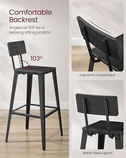 VASAGLE Set of 4 Bar Stools, Bar Height Stools, 29.1 Inches Tall Barstools with Back, Counter Bar Chairs for Kitchen Island, Steel Frame, Industrial Style, Easy Assembly, Ash Black and Ink Black