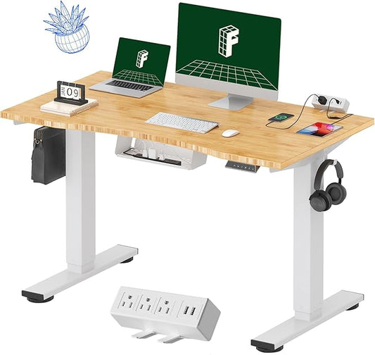 FLEXISPOT EN2 Whole-Piece Bamboo Standing Desk with Clamp Power Strip, 48 x 24 Electric Stand Up Height Adjustable Desk with Cable Management (White Frame + 48" Bamboo Top, 2 Packages)