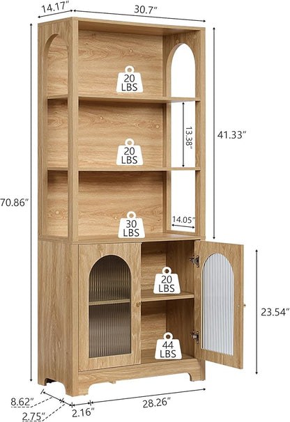 RARZOE Set of 2 Bookshelves and Bookcases, 5-Tier Arched Bookshelf with Glass Doors, Floor Standing 5 Shelf Book case, Wood Display Cabinet Storage Organizer for Living Room, Bedroom, Office(Natural)
