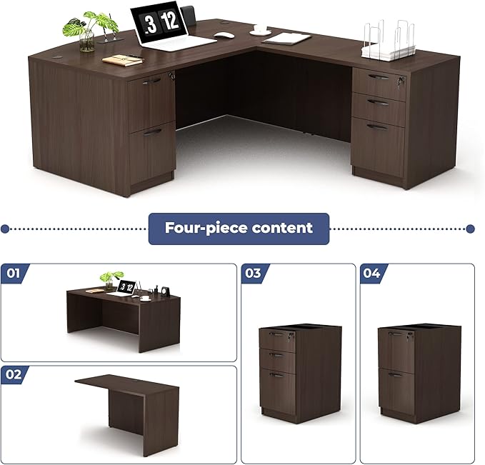GINO Collection, 67" W L Shape Executive Office Desk with Two File Cabint - Right Return