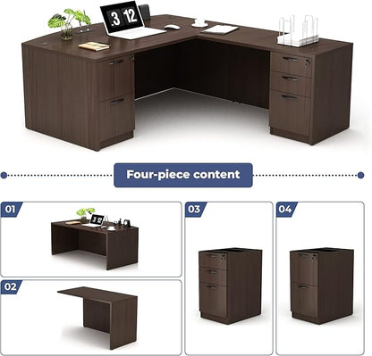 GINO Collection, 67" W L Shape Executive Office Desk with Two File Cabint - Right Return