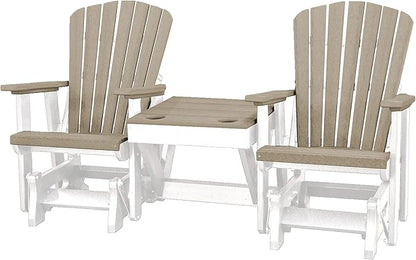 DutchCrafters Slat Fan Back Double Poly Adirondack Glider Outdoor Patio Chairs with Center Table (White & Weatherwood)