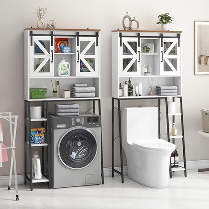 Over The Toilet Storage Cabinet, Farmhouse Storage Cabinet Over Toilet with 2 Sliding Barn Door，Home Space-Saving Toilet Rack, for Bathroom, Restroom, Laundry(White).