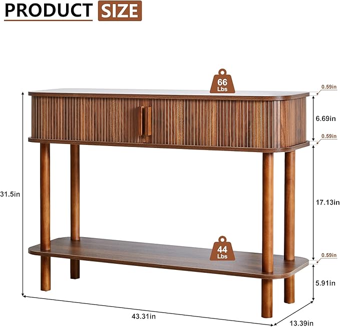 RARZOE Console Table with Storage, Fluted Entryway Table with Sliding Door&Open Shelf, Sofa Table Behind Couch, Mid-Century Modern Accent Table for Hallway, Entrance, Foyer, Fully Assembled(Walnut)