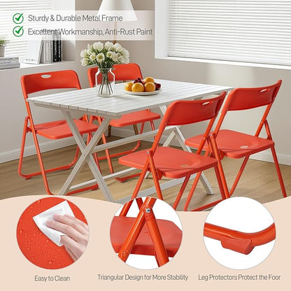Karl home 4 Pcs Folding Chair, 300LBS Lightweight Foldable Plastic Chair, Reinforced Metal Frame Easy to Fold & Store for Indoor & Outdoor, Wedding, Party, Meeting Room, Patio and Garden, Orange