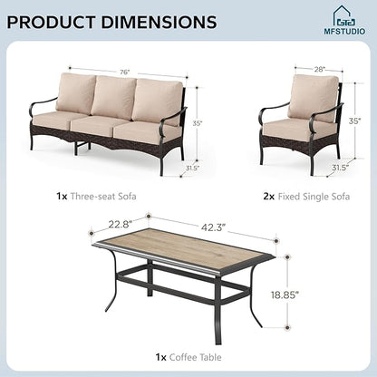 MFSTUDIO 4 Pieces Outdoor Patio Furniture Set, Metal Outdoor Conversation Set, Rattan Wicker Patio Sectional Sofa Set with 2 x Fixed Single Sofa, 3-Seat Sofa, 1 x Coffee Table, Beige