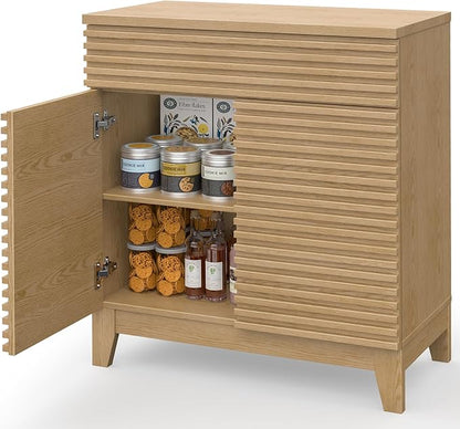 Fluted Buffet Cabinet with Storage, Coffee Bar Cabinet with a Drawer, Sideboard Buffet Kitchen Storage Cabinets with Adjustable Shelves for Living Room, Kitchen, Natural Oak