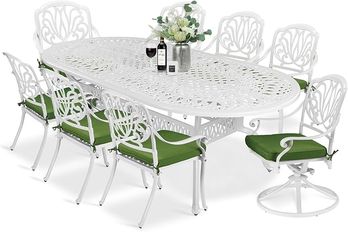 MEETWARM 9-Piece Outdoor Patio Dining Set, All-Weather Cast Aluminum Patio Conversation Set with 1 Oval Table, 2 Swivel Rocker Chairs, 6 Stationary, 8 Cushions, 2" Umbrella Hole, White