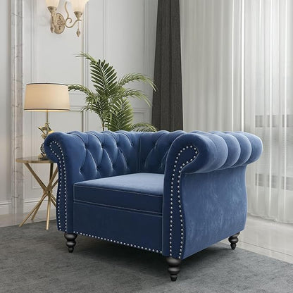 Living Room Chair, Modern Velvet Chesterfield Sofa Chair, Mid Century Single Sofa Couch Chair with Tufted Back and Rolled Arms, Accent Sofa Chair for Living Room Apartment, Blue