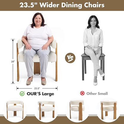 Upholstered White Velvet Dining Chairs Set of 2, Boho Modern Barrel Accent Armchairs, Thick Padded Seat & Natural Wooden Legs, Mid Century Inspired Kitchen/Dining Room Chairs, Creamy White