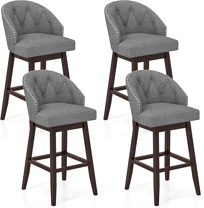 COSTWAY Bar Stools Set of 4, 31’’ Swivel Bar Stools with Rubber Wood Legs & Padded Back, Breathable Linen Fabric, Stylish Tufted Design & Rivet Decoration, Adjustable Foot Pads (4, Grey + Brown)