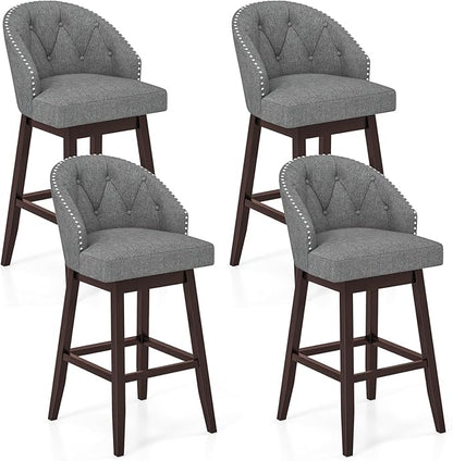 COSTWAY Bar Stools Set of 4, 31’’ Swivel Bar Stools with Rubber Wood Legs & Padded Back, Breathable Linen Fabric, Stylish Tufted Design & Rivet Decoration, Adjustable Foot Pads (4, Grey + Brown)