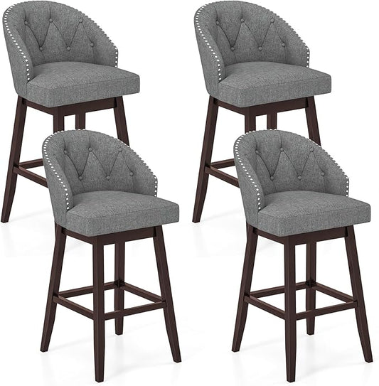 COSTWAY Bar Stools Set of 4, 31’’ Swivel Bar Stools with Rubber Wood Legs & Padded Back, Breathable Linen Fabric, Stylish Tufted Design & Rivet Decoration, Adjustable Foot Pads (4, Grey + Brown)