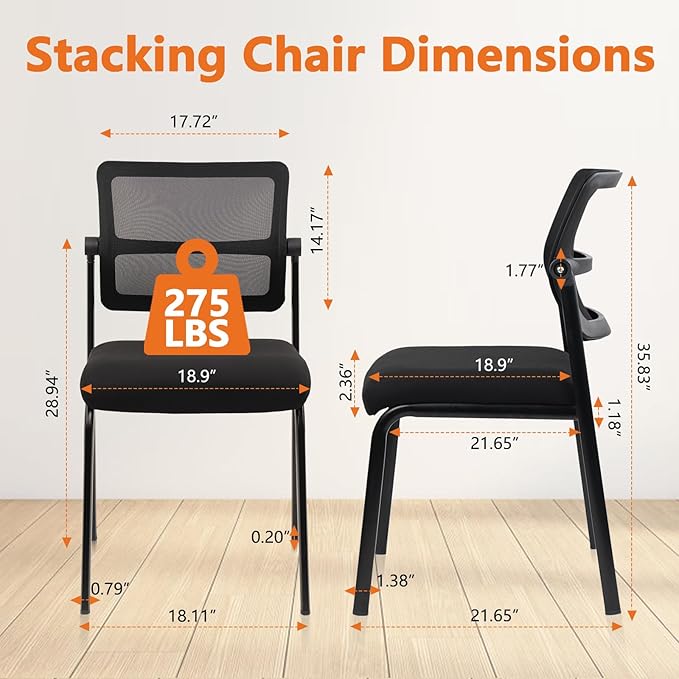 CLATINA Stacking Armless Office Waiting Room Chair with Adjustable Backrest, Mesh Stackable Guest Reception Desk Chairs with Ergonomic Lumbar Support for Home Conference Lobby Side School, Black, 8PK