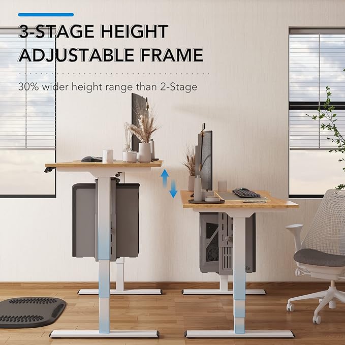 FlexiSpot E6 Bamboo 3-Stage Dual Motor Electric Standing Desk 48 x 24 Sit Stand Up Desk, Holds 220 lbs, Adjustable Height w/ Memory Presets, Solid Bamboo Desktop & White Frame, Ships in 2 Boxes