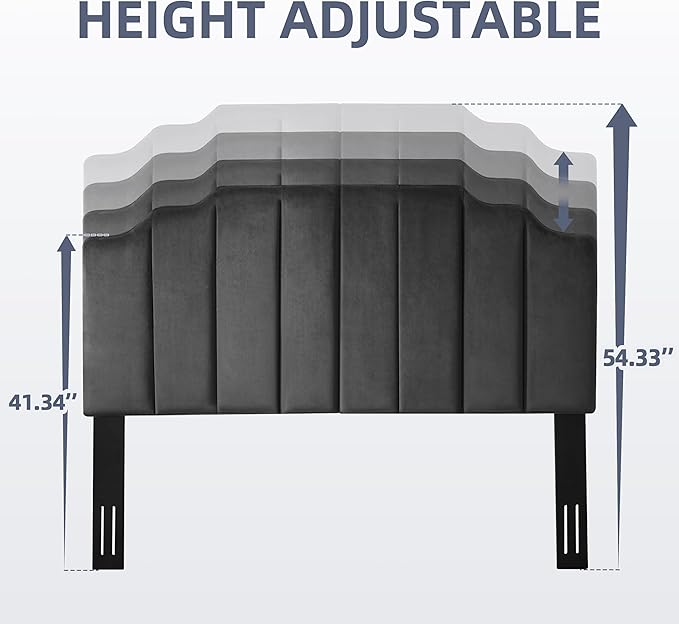 Headboard Queen, Velvet Upholstered Tufted Headboard with Modern Vertical Channel Design, Elegantly Curved Soft Padded Queen headboard only, Easy Installation, Darkgray