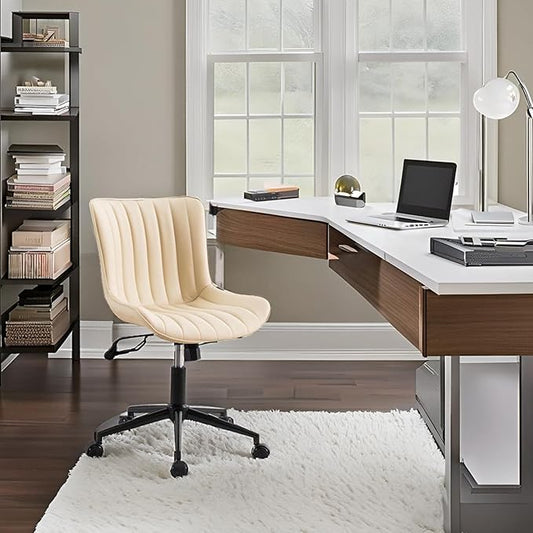 YOUNIKE Beige Home Office Desk Chair with Wheels Swivel Comfy Armless Vanity Chair with Back Modern Leather Upholstered Rolling Task Chair Small Cute Drafting Sewing Chair No Arms Adjustable