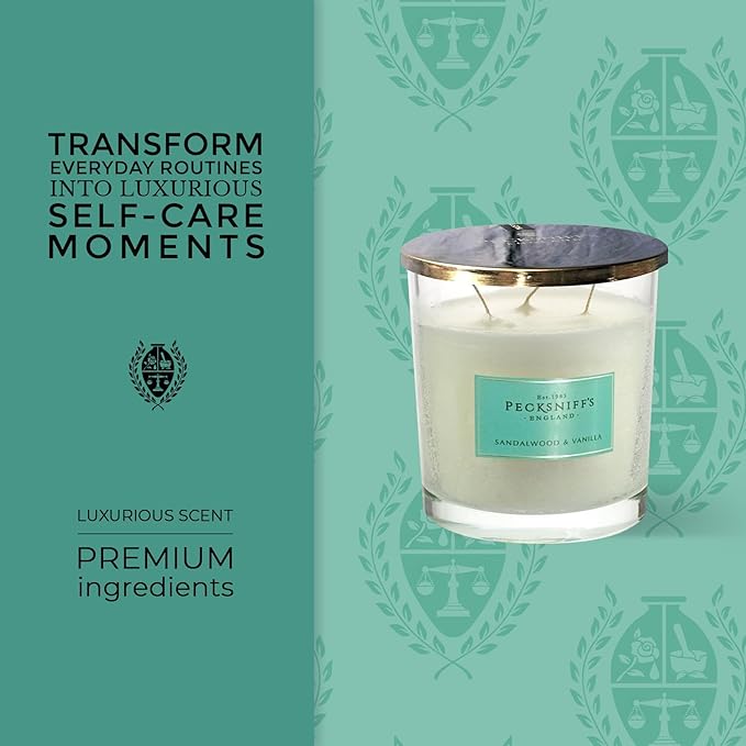 Pecksniff's Sandalwood & Vanilla 3-Wick Tall Candle | 550g/19.4oz | White Glass Vessel with Metal Lid