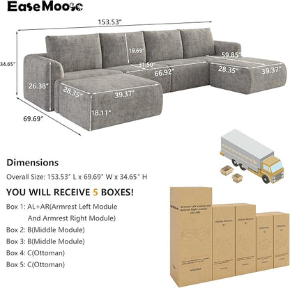 EASE MOOSE Boneless Modular Cloud Couch, Oversized U-Shaped Sectional Sofa for Living Room with Ottoman, Extra Large Movable Couches, 6-Deep-Seat Sofas for Bedroom, Apartment, Chenille (Light Grey)