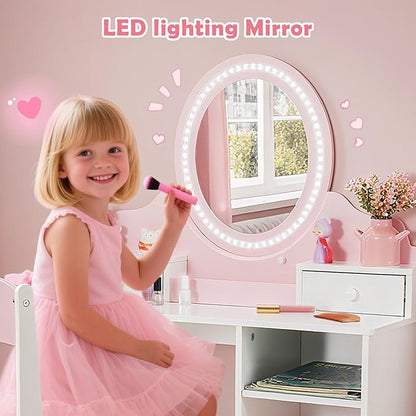 JOYLDIAS Kids Vanity with Lights, Pink Girls Makeup Vanity with 2 Drawer, Storage Cabinet & Shelves, 2 in 1 Toddler Vanity Table and Chair Set, Dressing Table for Kids 3+