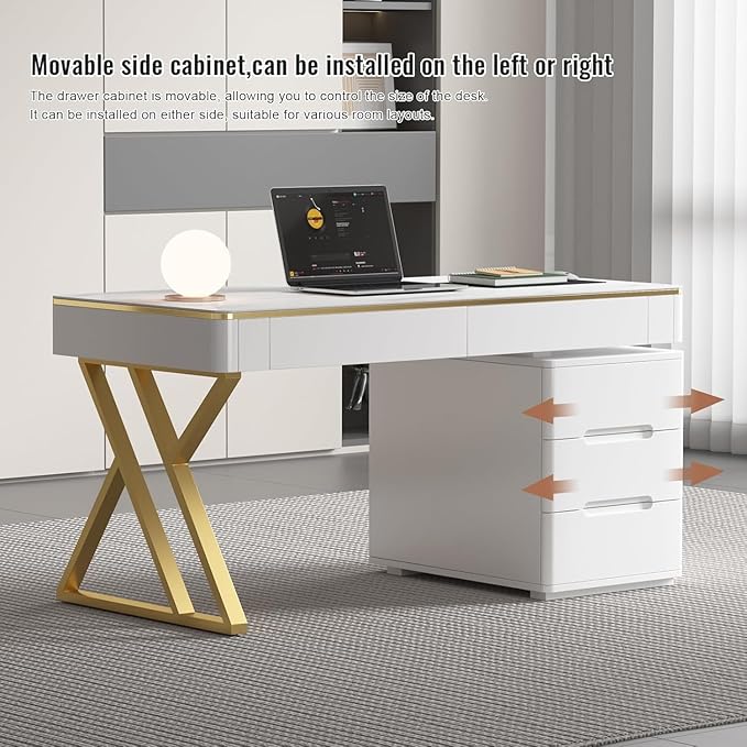 Executive Desk with Drawers, White Computer Desk with Drawers with Tempered Glass Top & Marble Pattern, 47 inch Modern Home Office Desk with Charging Station for Study, Living Room, Bedroom
