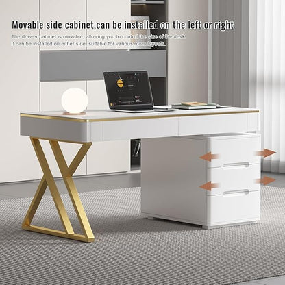 Executive Desk with Drawers, White Computer Desk with Drawers with Tempered Glass Top & Marble Pattern, 47 inch Modern Home Office Desk with Charging Station for Study, Living Room, Bedroom