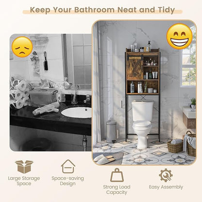 LOKO Over The Toilet Storage Cabinet, Freestanding Bathroom Space Saver with Adjustable Shelves & Sliding Barn Door, 4-Tier Over Toilet Bathroom Organizer, 25 x 9.5 x 67.5 inches (Rustic Brown)