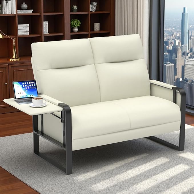 Modern Leather Loveseat, Small Sofa with Side Tray & Pocket, Upholstered Mini Couch for Living Room, Office, Guest Room, Beige
