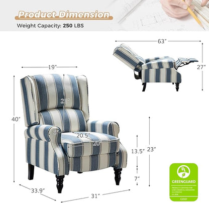 HULALA HOME Upholstered Wingback Recliner Chair Set of 2, Small Adjustable Footrest Push Back Single Reclining Sofa, Mid Century Modern Lounge Armchair for Living Room, Bedroom, Reading/Stripe Navy
