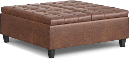 SIMPLIHOME Harrison Large Coffee Table Storage Ottoman - 40 inch Wide Upholstered Vegan Leather Square Lift-Top Ottoman in Distressed Saddle Brown, Transitional Bench for Living Room with Sturdy Base