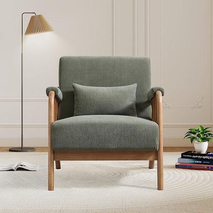 Mid Century Modern Accent Chair with Solid Wood Frame, Upholstered Living Room Chairs with Lumbar Cushion Padded Arms, Reading Armchair for Bedroom (1, Green)