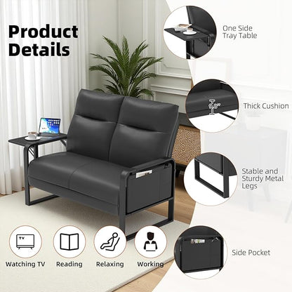 Faux Leather Loveseat, Upholstered Loveseat with Side Tray Table & Storage Pocket, Small Loveseat for Living Room, Modern 2 Seater Sofa Couch for Small Spaces, Bedroom, Black