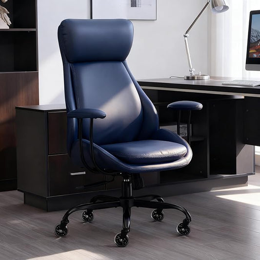 Home Office Desk Chair, PU Casters Ergonomic Computer Chair with Lumbar Support, Adjustable Height, 360°Rolling Swivel Chair, High Back Executive Task, Padded Armrests Chair, Blue Leather