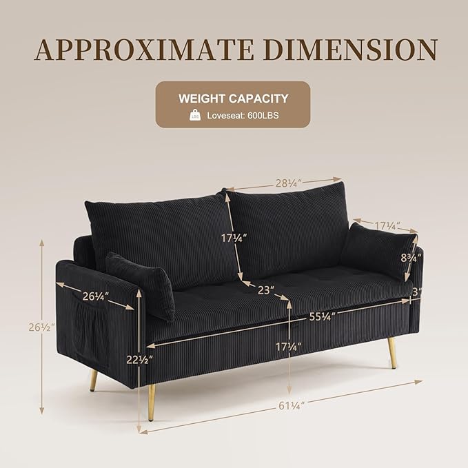 Furnimart 2-Seater Storage Loveseat for Small Spaces, 62“ Corduroy Couch with Removable Cushion Cover and Metal Leg for Bedroom, Apartment, Tiny Homes and Lofts, Black