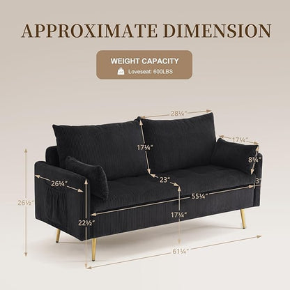 Furnimart 2-Seater Storage Loveseat for Small Spaces, 62“ Corduroy Couch with Removable Cushion Cover and Metal Leg for Bedroom, Apartment, Tiny Homes and Lofts, Black
