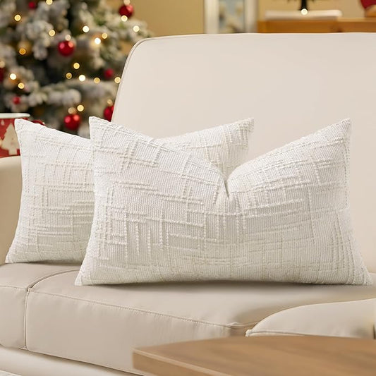 decorUhome Christmas Cream White Chenille Throw Pillow Covers 12x20 Set of 2 Thick Textured Slubby Couch Pillow Covers Farmhouse Accent Modern Neutral Decorative Pillow Cases for Bed Sofa Living Room
