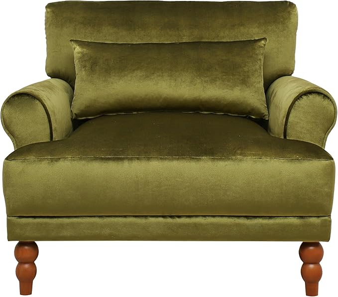 Merax Accent Chair with Circular Armrests, Upholstered Armchair Single Sofa with Vintage Roman Column Legs for Living Room, Bedroom, Study, Ergonomic Lumbar, Velvet, Green