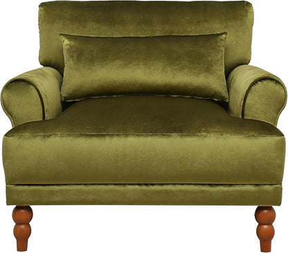 Merax Accent Chair with Circular Armrests, Upholstered Armchair Single Sofa with Vintage Roman Column Legs for Living Room, Bedroom, Study, Ergonomic Lumbar, Velvet, Green