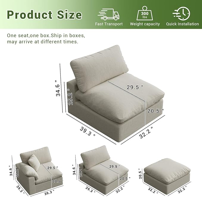 Modular Sectional Sofa,1-Seater Extra Comfty Deep-Seat-Filled Couch,Modern Couches for Living Room, Apartment,Office,Small Space