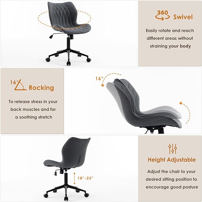 YOUNUOKE Armless Desk Chair Comfy Office Chair with Wheels HomeTask Chair Adjustable Computer Chairs Modern PU Leather Swivel Chairs Upholstered Makeup Vanity Chair(Grayish Purple)