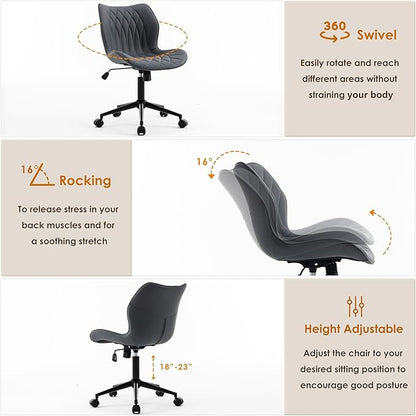 YOUNUOKE Armless Desk Chair Comfy Office Chair with Wheels HomeTask Chair Adjustable Computer Chairs Modern PU Leather Swivel Chairs Upholstered Makeup Vanity Chair(Grayish Purple)